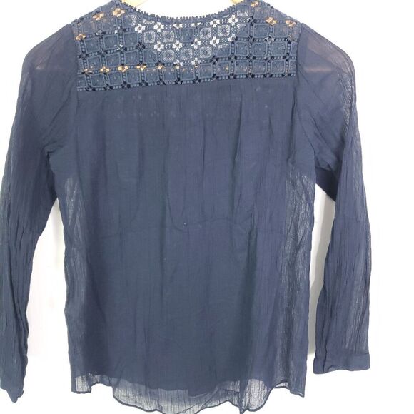 J Crew Top Womens Size 2 Embroidered Gauze Lightweight Navy Crochet Sheer Beachy - Picture 2 of 10